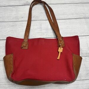 Fossil Red Canvas Tote Bag Purse Brown Leather Accents Straps Key